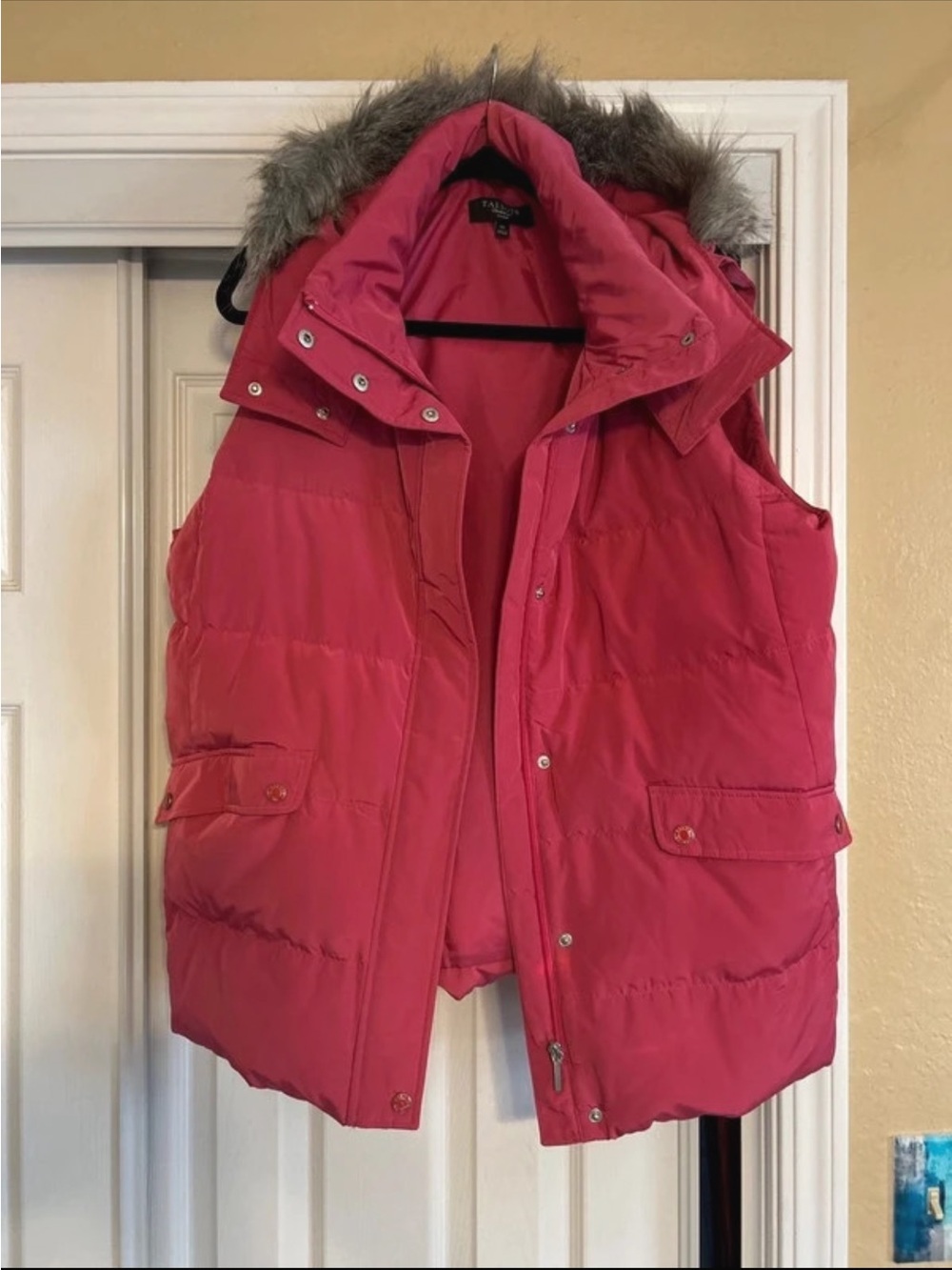 NWOT Talbots Hot Pink Quilted Puffer Vest with Grey Faux Fur Trim